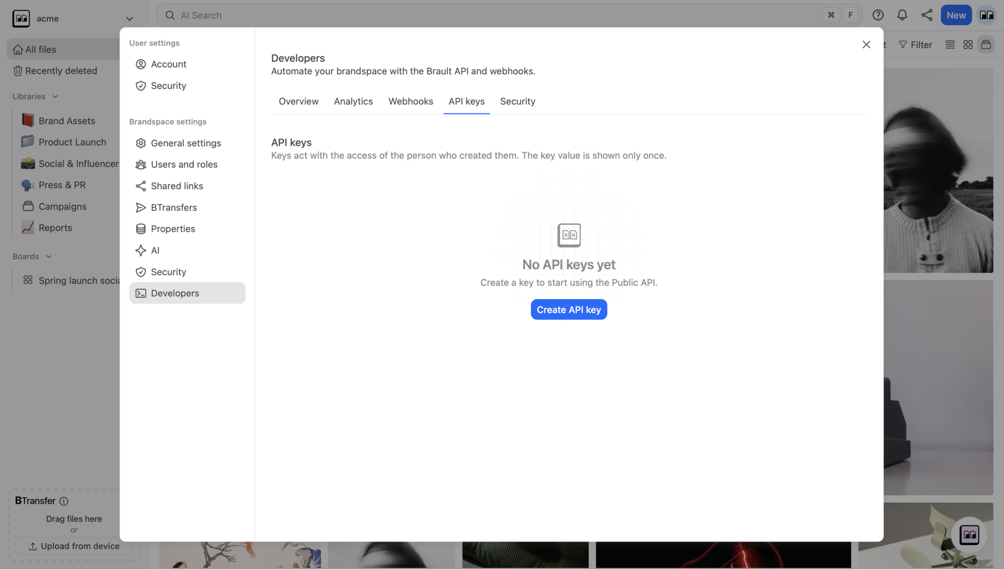 The Developers section of Settings, on the API keys tab, before any key exists
