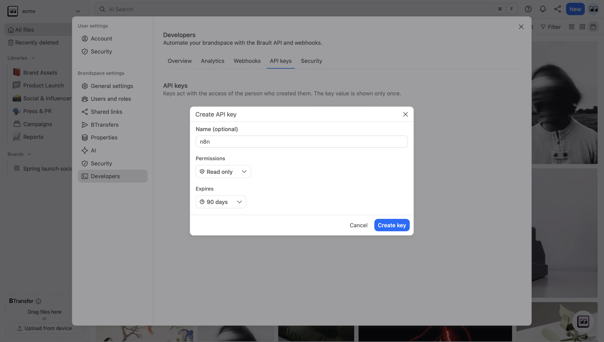 The Create API key dialog with a name filled in and the Permissions menu open