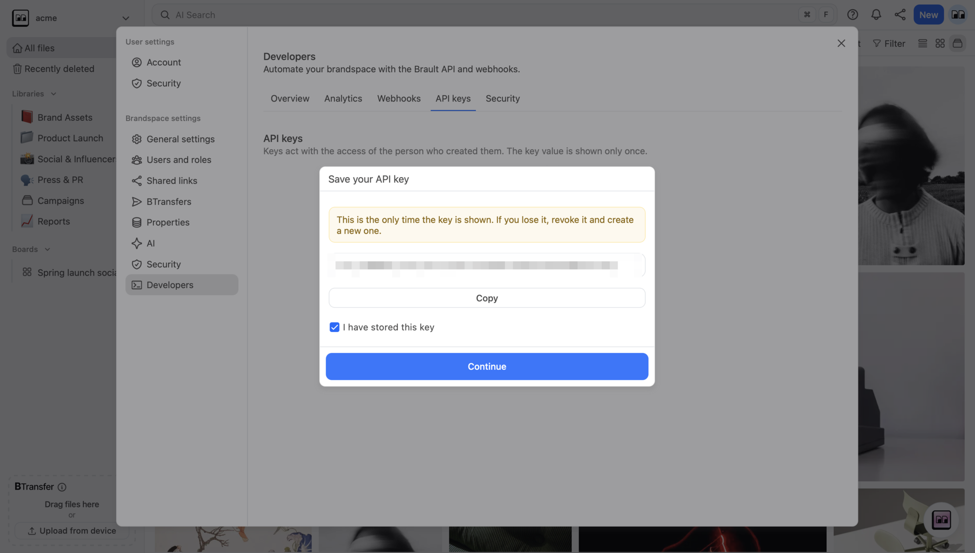 The Save your API key dialog with the Copy button and the confirmation checkbox